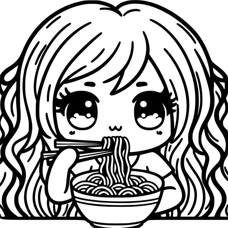 girl with long hair eating noodles