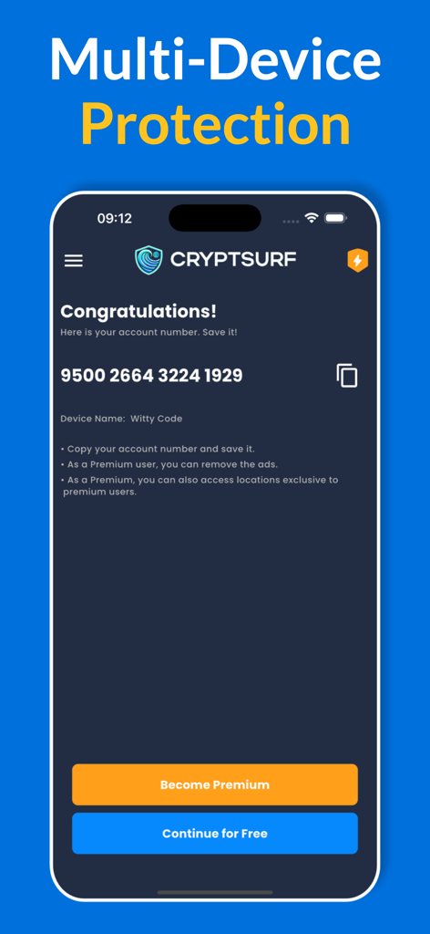 CryptSurf: Fast & Secure VPN - Pantalla de la aplicación CryptSurf VPN mostrando un número de cuenta anónimo para protección multidispositivo