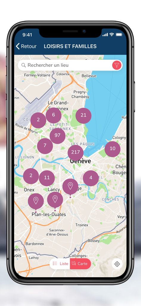 Map screen showing leisure and family activities in Geneva