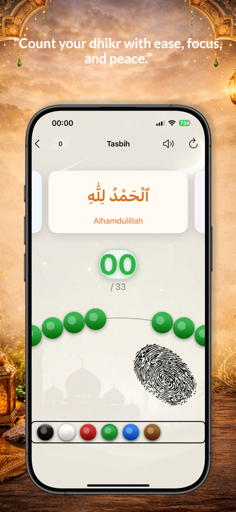 Quran & Qibla - Prayer Times - Digital Tasbih counter in the Quran and Qibla app showing Alhamdulillah and green prayer beads