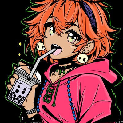 hot baddie anime girl drinking boba and biting the straw