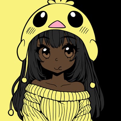 anime girl with chick shaped hat with sweater with bare shoulders with bangs covering them one eye with low tail