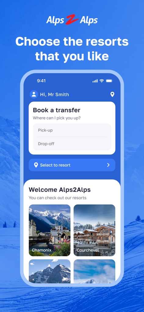 Alps2Alps mobile App-Oberfläche zur Buchung von Ski-Transfers und Auswahl von Resorts wie Chamonix