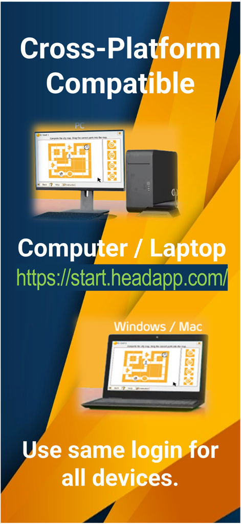 HeadApp Cognitive Rehab - HeadApp kognitive Rehabilitationsübungen, dargestellt auf einem Desktop-Computer und Laptop, die die plattformübergreifende Kompatibilität veranschaulichen