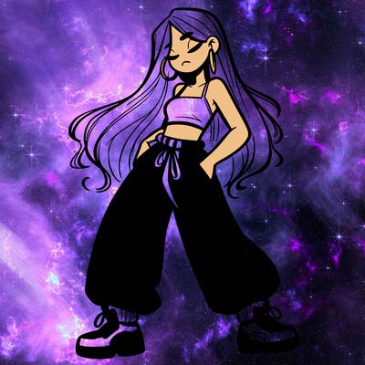 girl in baggy pants crop top and long hair