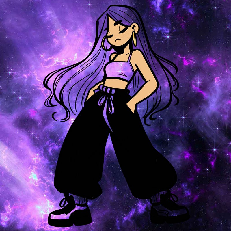 girl in baggy pants crop top and long hair
