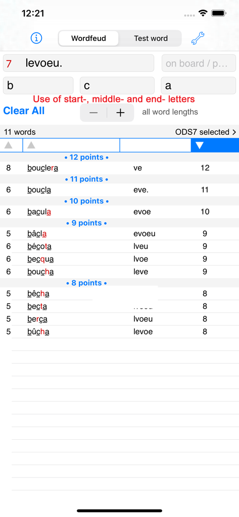 Interface of the French word finder app showing a list of suggested words and their point values for Wordfeud.