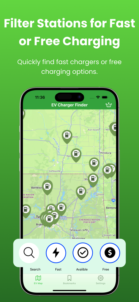 Charge Point for Tesla - Interface of an EV charging station finder app showing map pins and filtering options for fast or free chargers