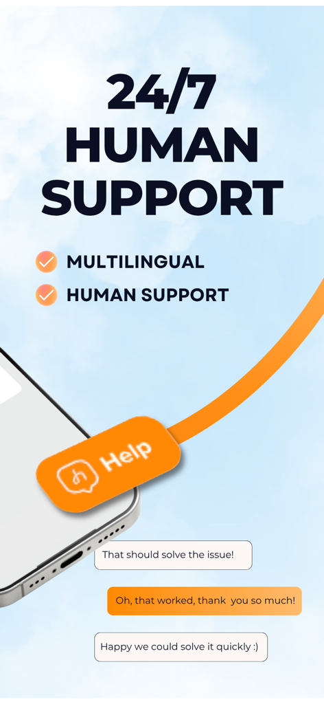 HUBBY eSIM - Pantalla de soporte humano multilingüe 24/7 de HUBBY eSIM