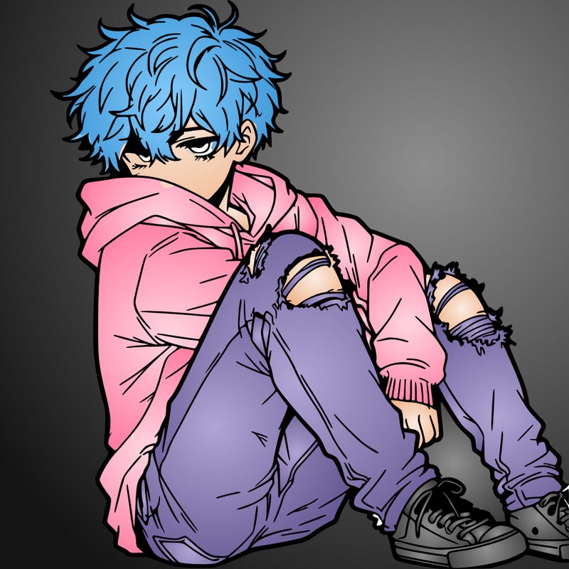 a male hoddie ripped jeans messy hair anime