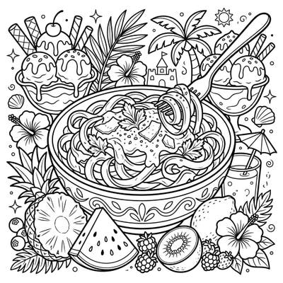 Get ready for a unique coloring adventure where savory meets sweet and summer fun! This delightful page combines a hearty bowl of Fettuccine Alfredo with refreshing tropical treats and sunny beach vibes.