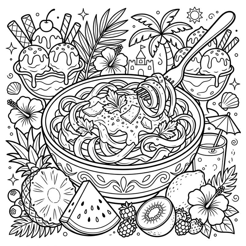 Get ready for a unique coloring adventure where savory meets sweet and summer fun! This delightful page combines a hearty bowl of Fettuccine Alfredo with refreshing tropical treats and sunny beach vibes.
