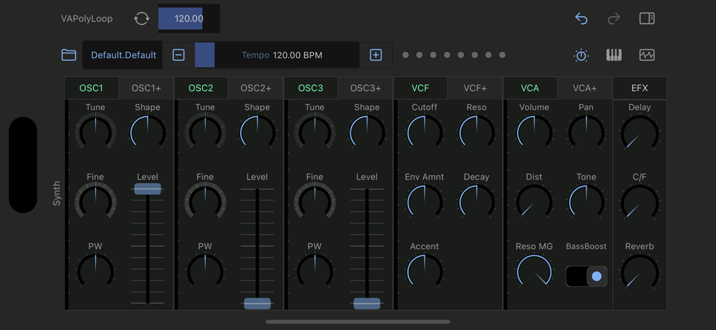 VAPolyLoop - Interfaz del sintetizador analógico virtual VAPolyLoop que muestra los controles del oscilador y el filtro