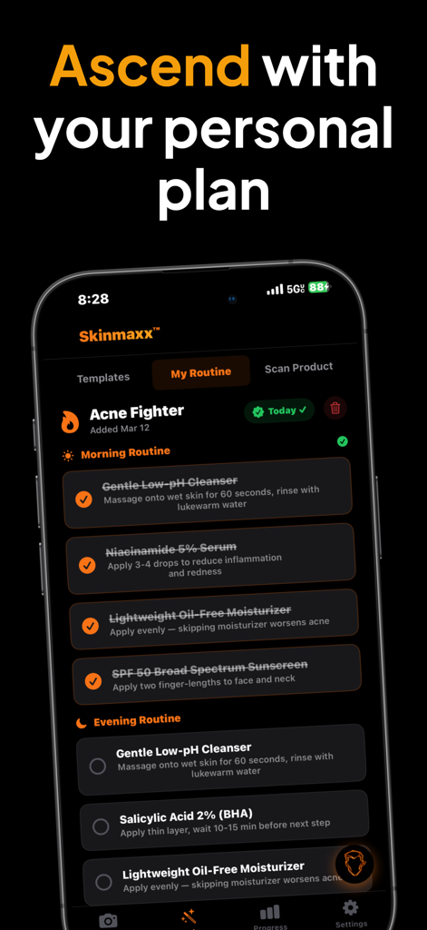 Skinmaxx - Get Scores & Ascend - A personalized morning and evening skincare routine interface within the Skinmaxx app showing an Acne Fighter plan.