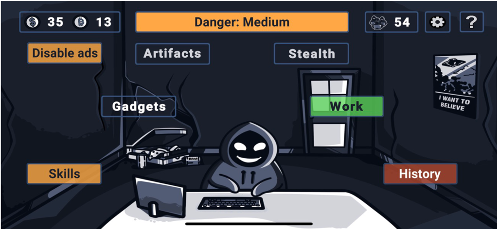 Hacker Simulator. Hacking Game - Personaje hacker sentado en un escritorio de ordenador con botones de menú para habilidades, sigilo y gadgets en una habitación oscura.