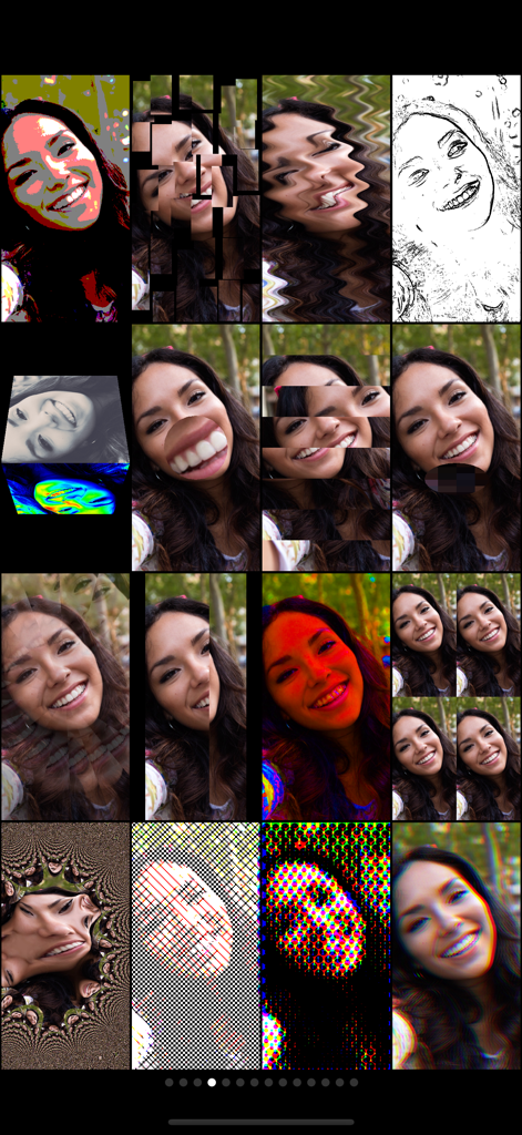 Uma grade de vários efeitos e distorções de fotos em tempo real no aplicativo Mega Photo Pro.