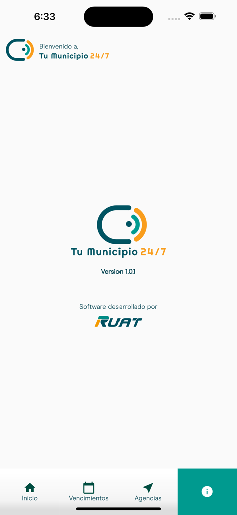 Tu Municipio 24/7 - Pantalla de bienvenida de la aplicación Tu Municipio 24-7 mostrando el logo de RUAT y el menú de navegación