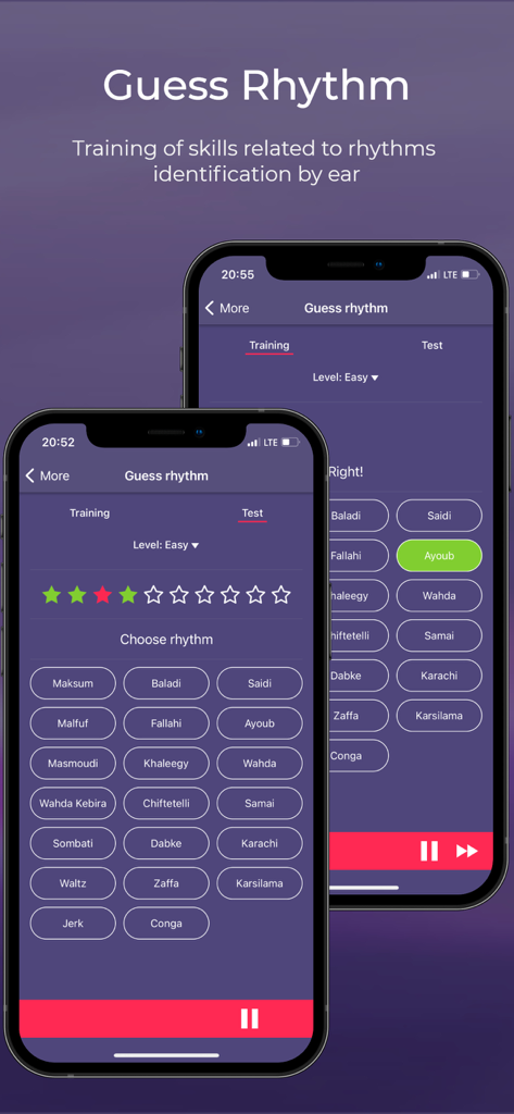 Darbuka Rhythms - 中東のドラムパターンの耳のトレーニングとリズム識別機能を示すスマートフォンの画面。