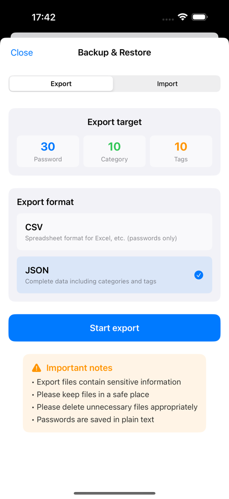 A tela de Backup e Restauração do aplicativo mostrando opções de exportação de dados para senhas e categorias nos formatos JSON ou CSV.