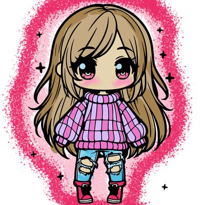 chibi girl with ripped jeans,long hair, and an oversized sweater