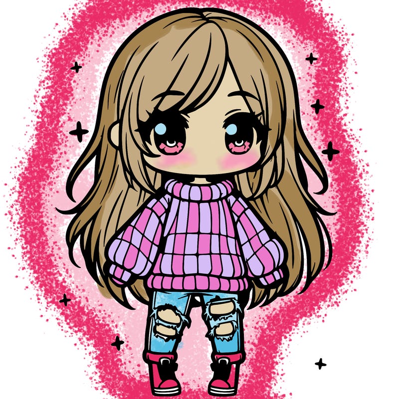 chibi girl with ripped jeans,long hair, and an oversized sweater