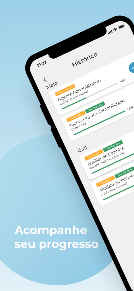 Smartphone screen showing a study history list with progress bars and scores for various Brazilian civil service exam categories