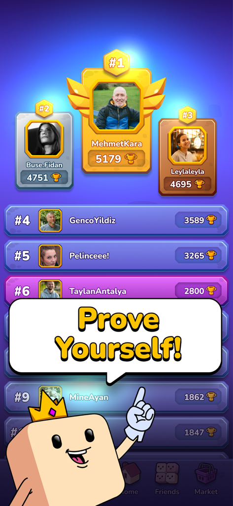A leaderboard screen in the WordMe social word game showing player rankings and a mascot with a speech bubble saying Prove Yourself