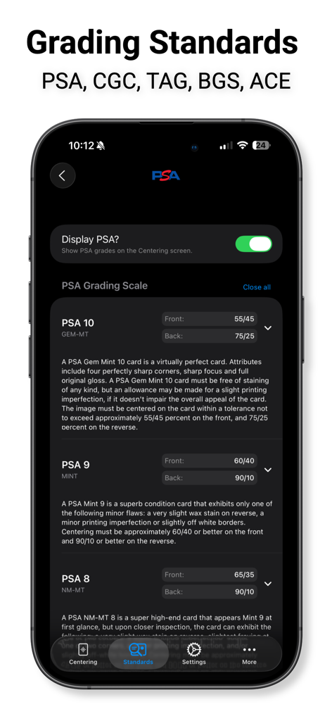 Mobile screen showing PSA grading standards and centering ratios for card collectors
