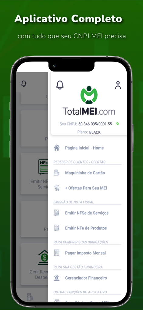 Total MEI: Serviços, DAS Fácil - Tela de smartphone mostrando o menu lateral do aplicativo Total MEI com opções para pagamento de impostos e emissão de notas fiscais eletrônicas.