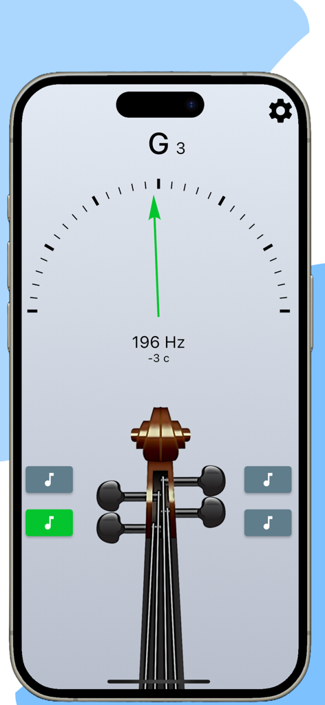 Une interface simple d'application d'accordage de violon avec un affichage à aiguille et un graphique de chevillier de violon.