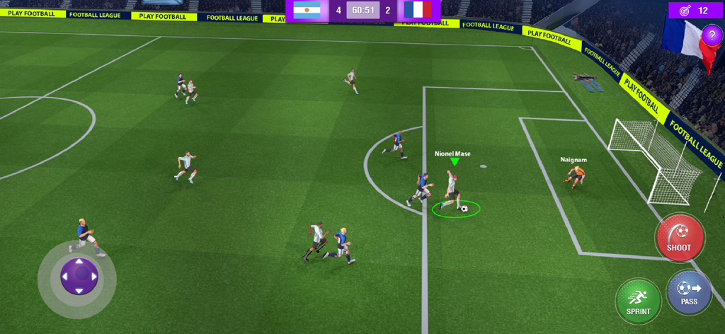 Play Football League 2026 - A gameplay screenshot of Play Football League 2026 showing a soccer player with the ball near the goal during an Argentina vs France match with mobile controls.