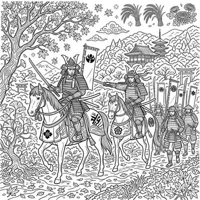Embark on a creative journey with this captivating coloring page featuring samurai commanders. Witness their majestic march through a picturesque autumn landscape, rich with traditional Japanese elements.