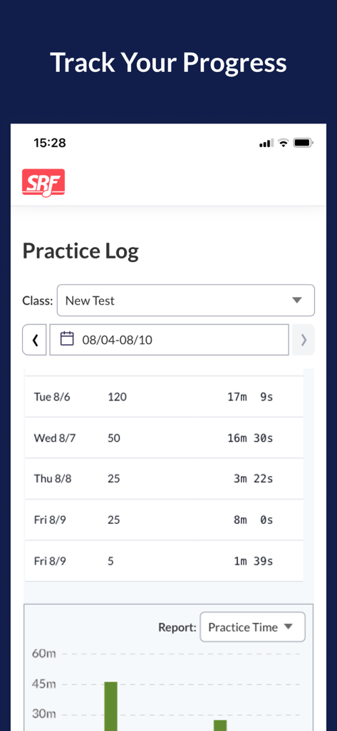 Sight Reading Factory - Sight Reading Factory app showing a practice log with session dates durations and a progress chart