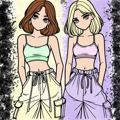 two girls with crop top with baggy pants