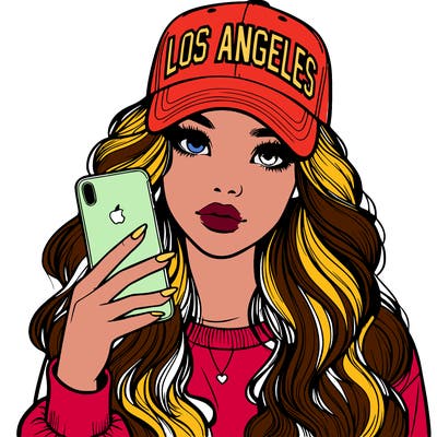 realistic beautiful girl wearing los ángeles cap holding an iphone