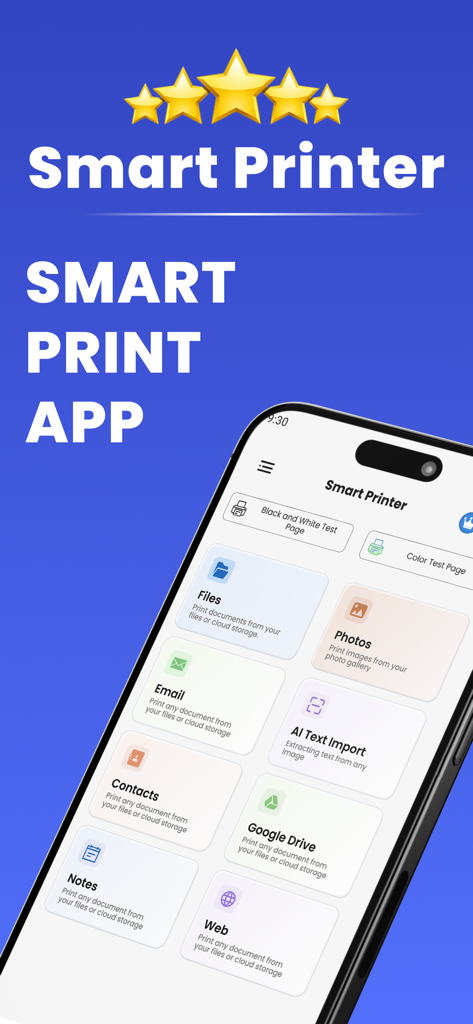 iPrint Scan Smart Printer App - Interfaz de la aplicación iPrint Smart Printer mostrando varias opciones de impresión de documentos y fotos