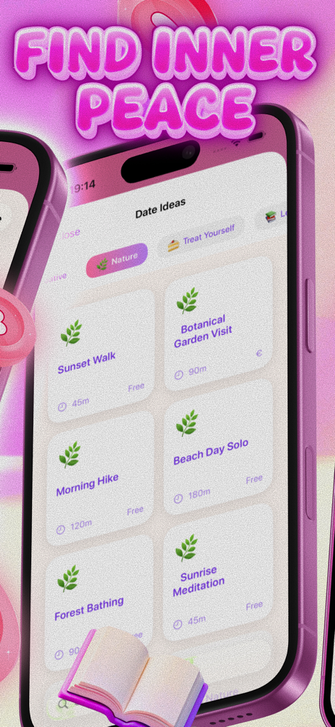 Pantalla de aplicación móvil mostrando varias ideas de citas a solas como Paseo al Atardecer y Baño de Bosque bajo una categoría de naturaleza con el texto Encuentra la Paz Interior.