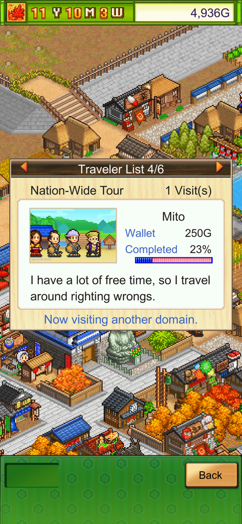 Oh! Edo Towns - A traveler information window for a character named Mito in the pixel art game Oh Edo Towns.