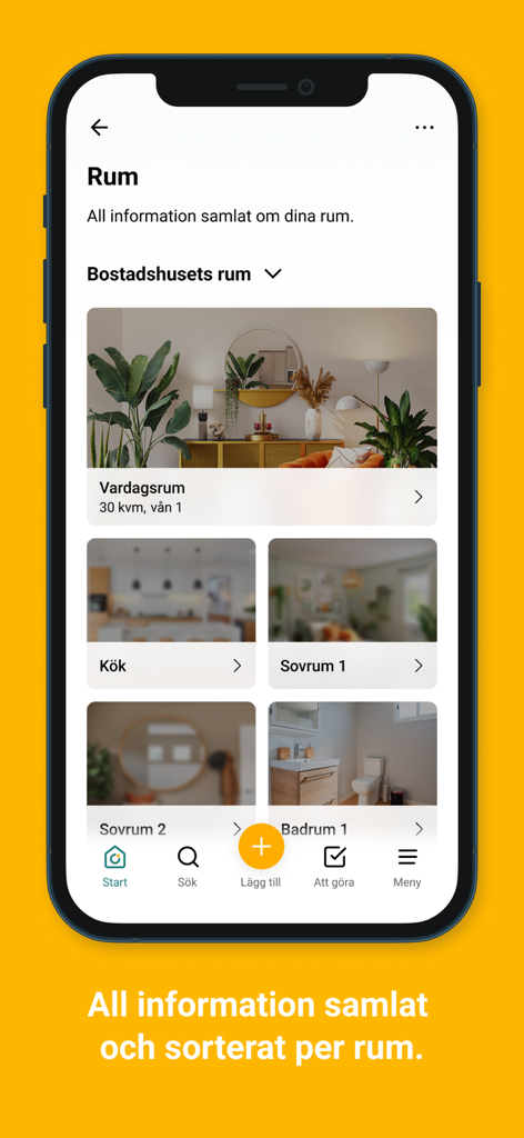 House:ID-bostadens loggbok - House IDアプリのインターフェース。写真とエリアの詳細とともに、住宅の部屋ごとに整理されたデジタルログブックを表示します。