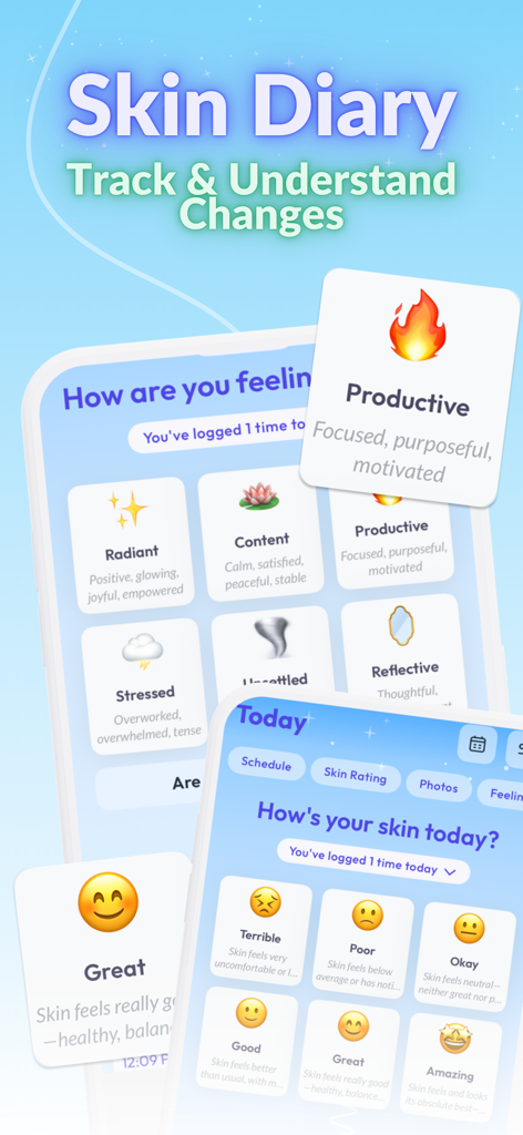 Skin Bliss: Skincare Routines - Mobile app screens showing the Skin Diary feature to track daily mood and skin health ratings with emoji icons