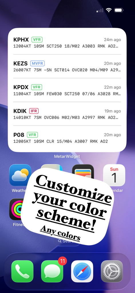 Modern METAR Widget - Modern METAR Widget displaying customizable aviation weather data on an iPhone home screen