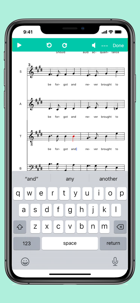 Score Creator Pro - A mobile interface of Score Creator Pro displaying SATB choir notation and a keyboard for typing lyrics.