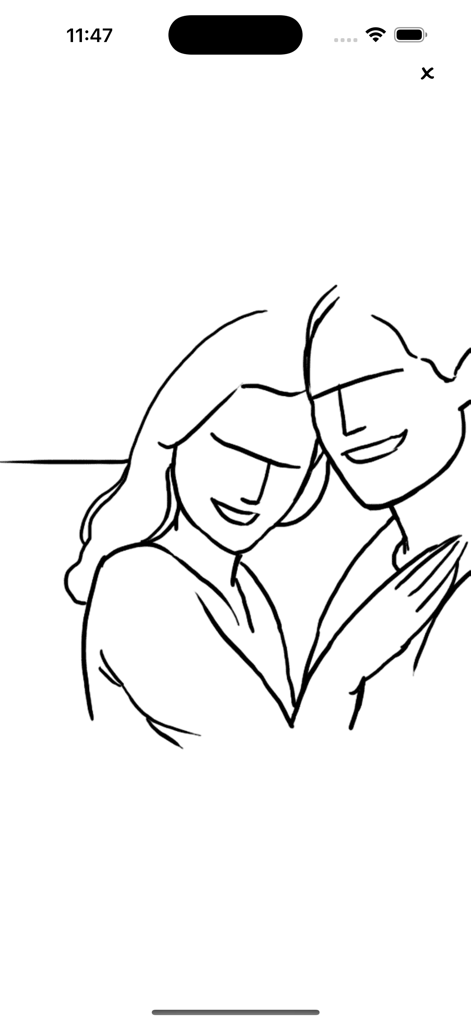 Posing App - Eine handgezeichnete Strichillustration eines lächelnden Paares, das sich eng für ein Foto positioniert