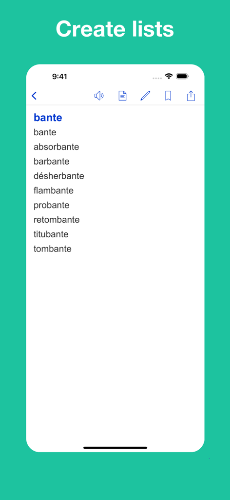 Uma lista de rimas francesas para o sufixo bante na aplicação móvel do Dicionário de Rimas Francesas