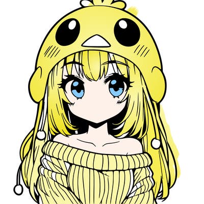 anime girl with chick shaped hat with sweater with bare shoulders with bangs covering them one eye with low tail