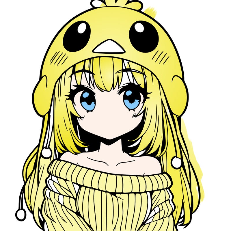 anime girl with chick shaped hat with sweater with bare shoulders with bangs covering them one eye with low tail
