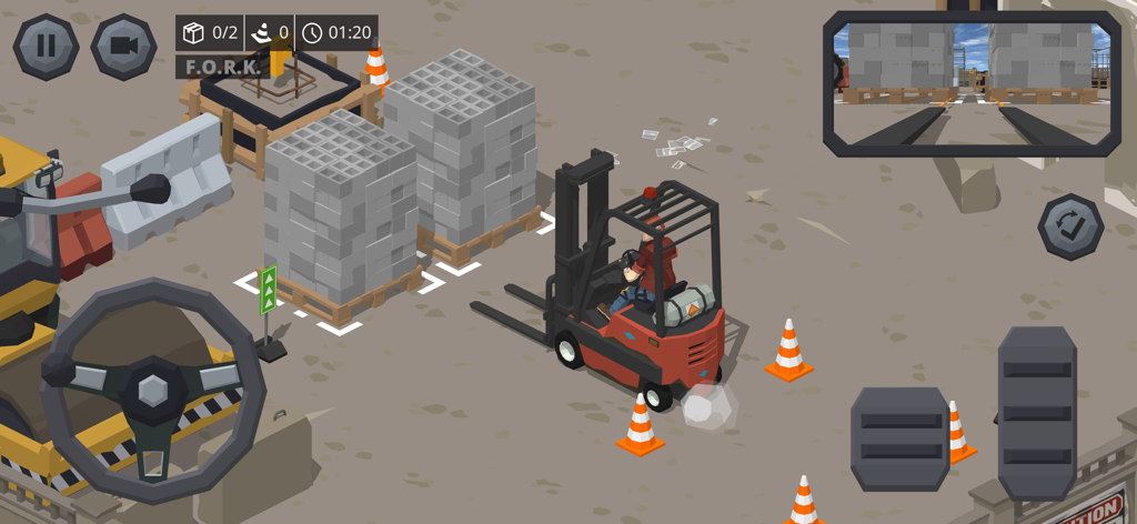 Forklift Extreme Simulator 2 - Un carrello elevatore rosso manovra attraverso un magazzino 3D con pallet e coni stradali