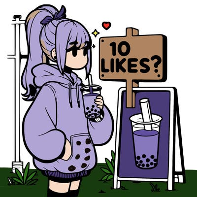 girl with oversized hoodie drinking boba and she has a high ponytail with a sign that says 10likes?