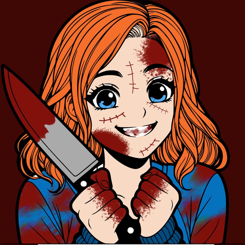 a realistic girl holding a knife and grinning