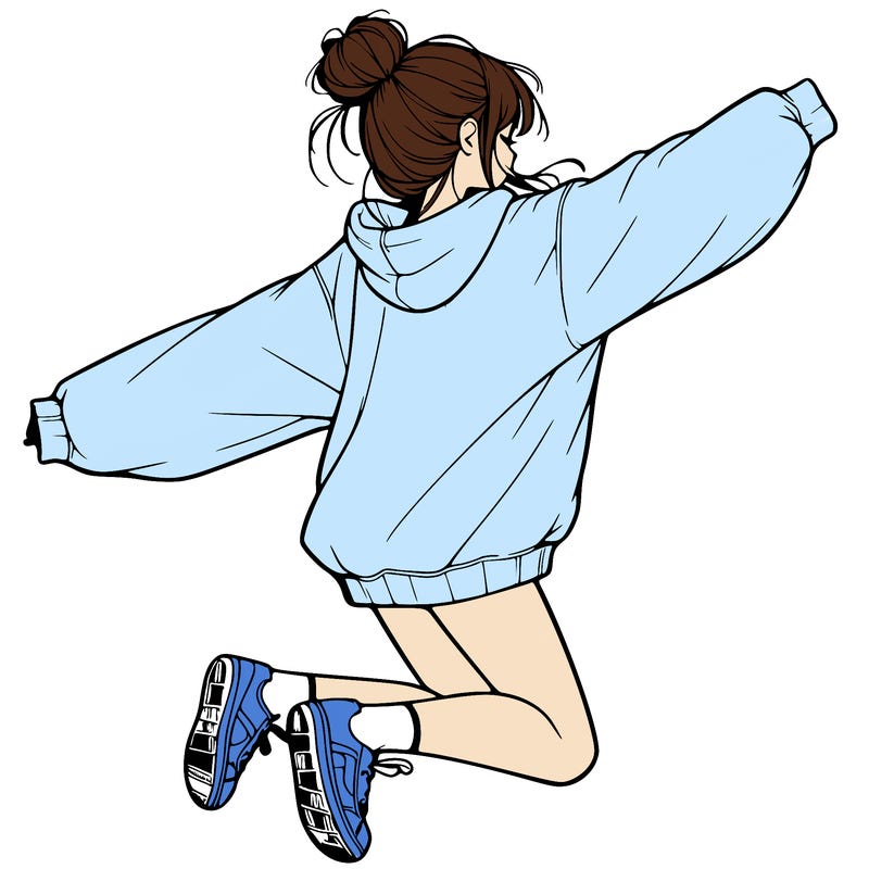 realistic girl jumping with a bun and oversized sweatshirt